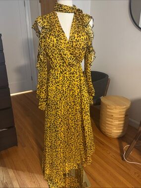 Yellow Leopard Print Maxi Dress with Ruffle Details